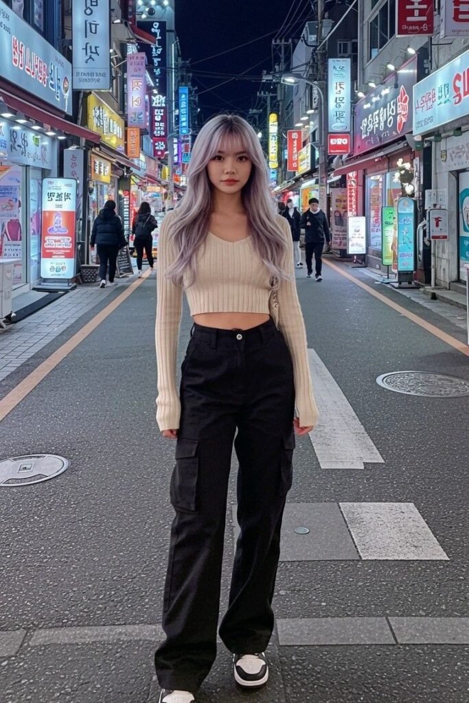 Beige Ribbed Crop Top + Black Wide Leg Cargo Pants + Black and White Sneakers