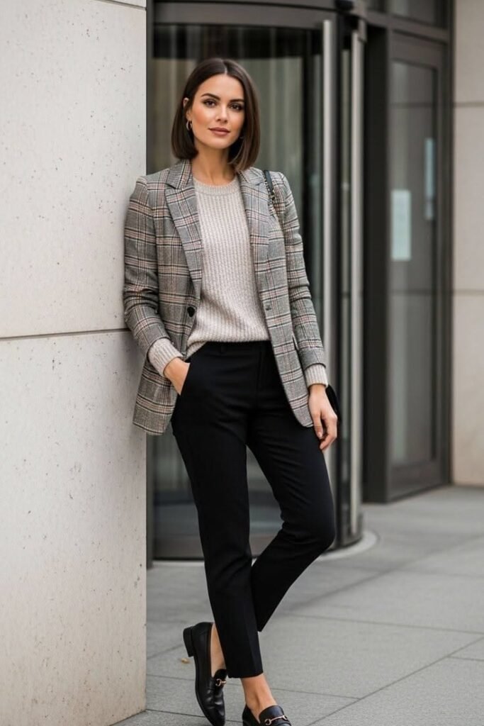 Beige Ribbed Knit Sweater + Grey Plaid Blazer + Black Tailored Trousers + Black Leather Loafers