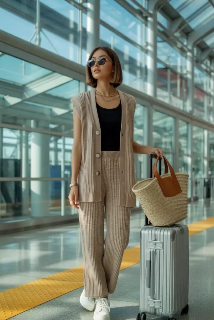 Beige Ribbed Knit Vest and Wide Leg Pants Set + Black Tank Top + White Sneakers