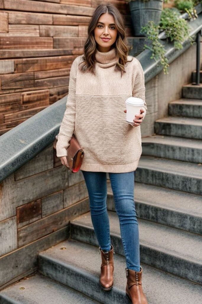 Beige Ribbed Turtleneck Sweater + Blue Skinny Jeans + Brown Leather Boots