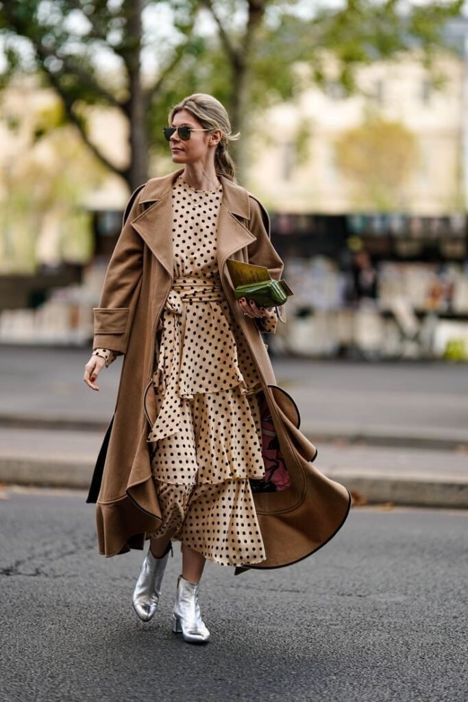 Beige Ruffled Polka Dot Maxi Dress + Camel Trench Coat + Silver Metallic Boots