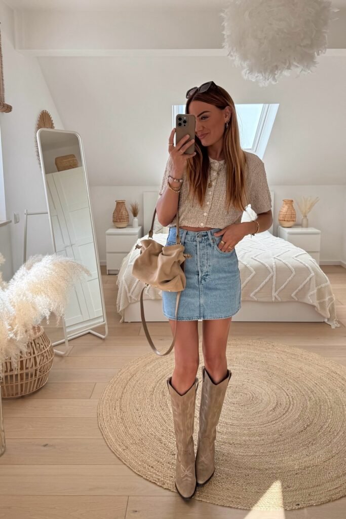 Beige Short Sleeve Button Down Cardigan + Denim Mini Skirt + Beige Knee High Western Boots