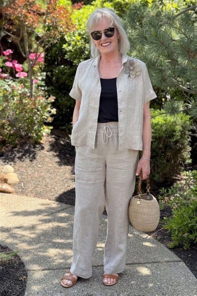 Beige Short-Sleeve Linen Shirt + Black Tank Top + Matching Linen Drawstring Trousers + Brown Slide Sandals