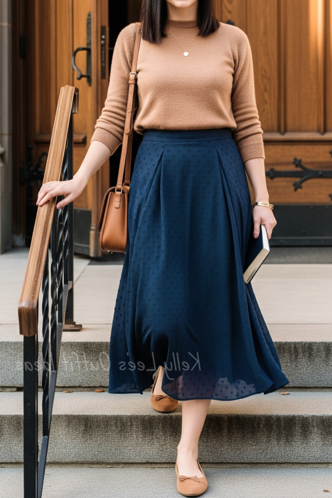 Beige Sweater + Navy Blue Pleated Midi Skirt + Brown Flats