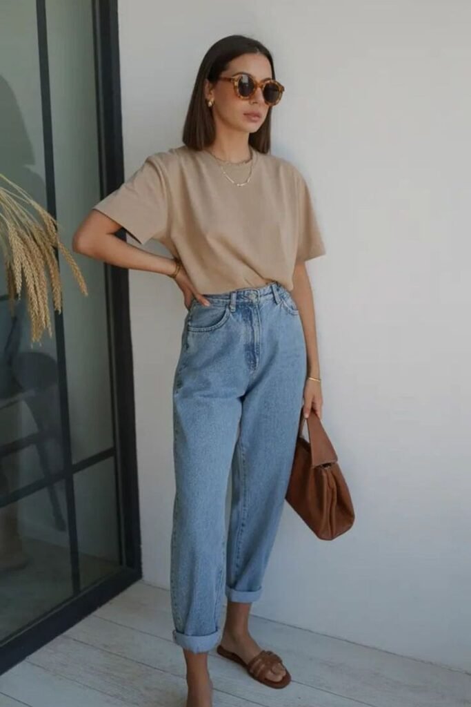 Beige T-shirt + Light Wash Straight Jeans + Brown Leather Sandals
