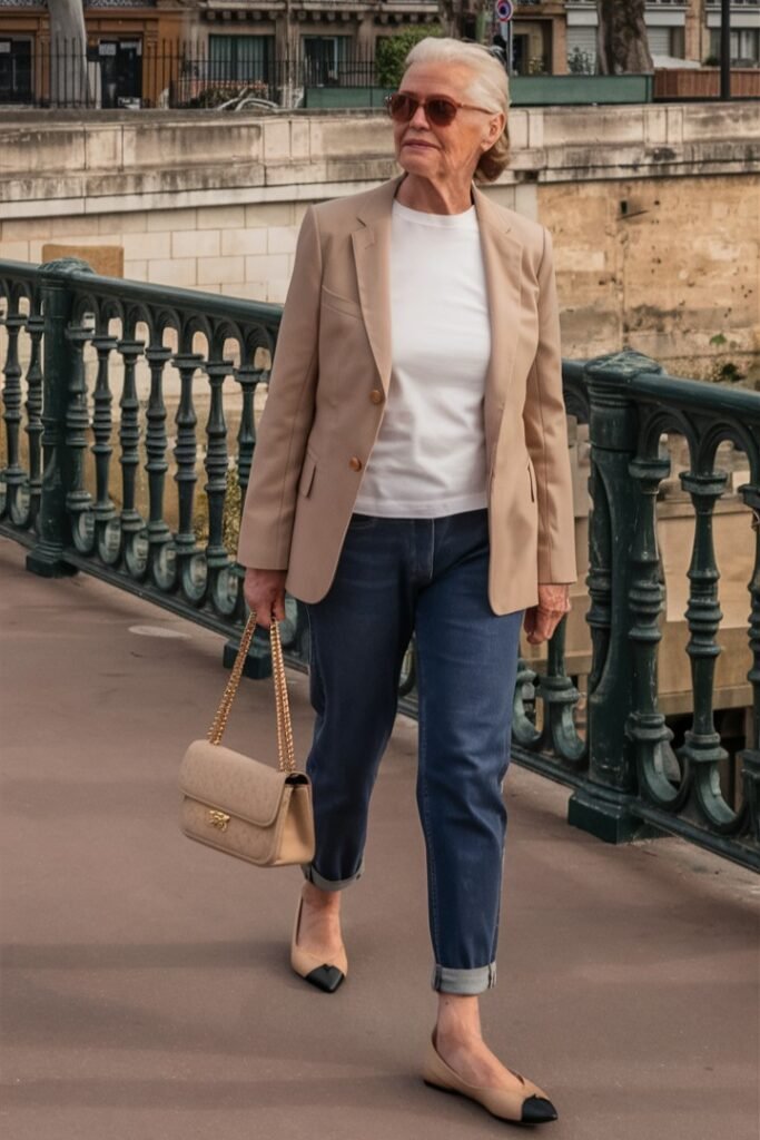 Beige Tailored Blazer + White T-Shirt + Cuffed Dark Denim + Two-Tone Ballet Flats