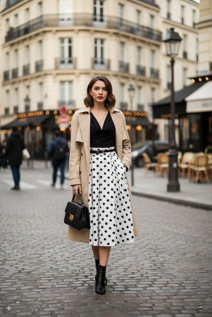 Beige Trench Coat + Black V-neck Top + Polka Dot Midi Skirt + Black Ankle Boots