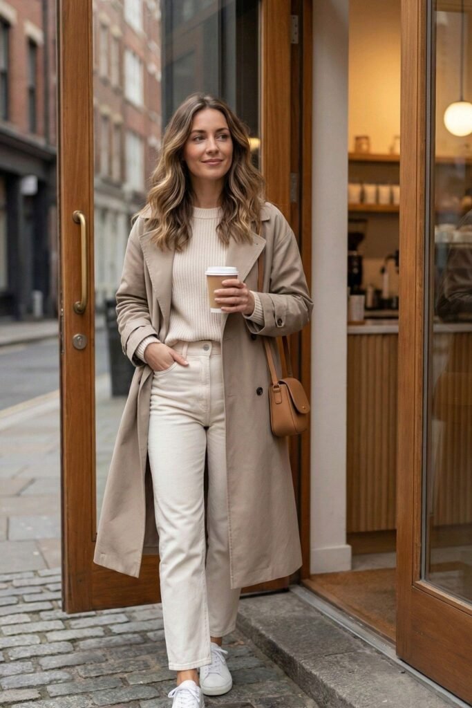 Beige Trench Coat + Ribbed Cream Sweater + Off White Trousers + White Sneakers + Tan Crossbody Bag