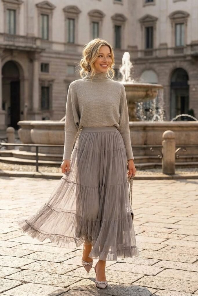 Beige Turtleneck Sweater + Grey Tiered Tulle Skirt + Beige Pointed Toe Heels