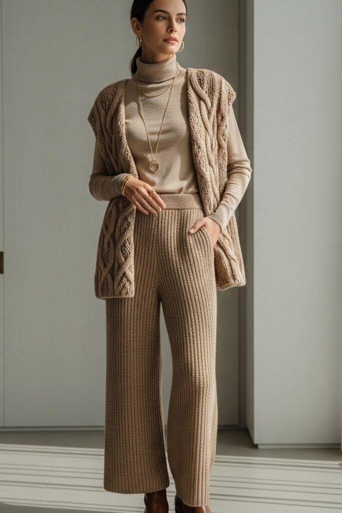 Beige Turtleneck Sweater + Matching Cable Knit Vest + Matching Knit Wide Leg Trousers + Brown Ankle Boots