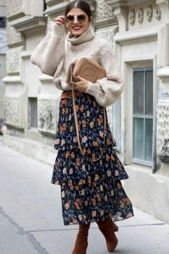 Beige Turtleneck Sweater + Tiered Floral Skirt + Brown Ankle Boots