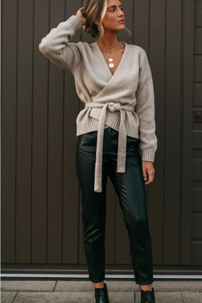 Beige Wrap Sweater + Black Leather Pants + Black Ankle Boots