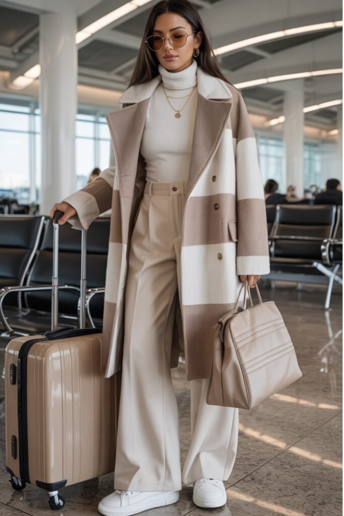 Beige and Cream Striped Long Coat + Cream Turtleneck Sweater + Cream Wide Leg Trousers + White Sneakers