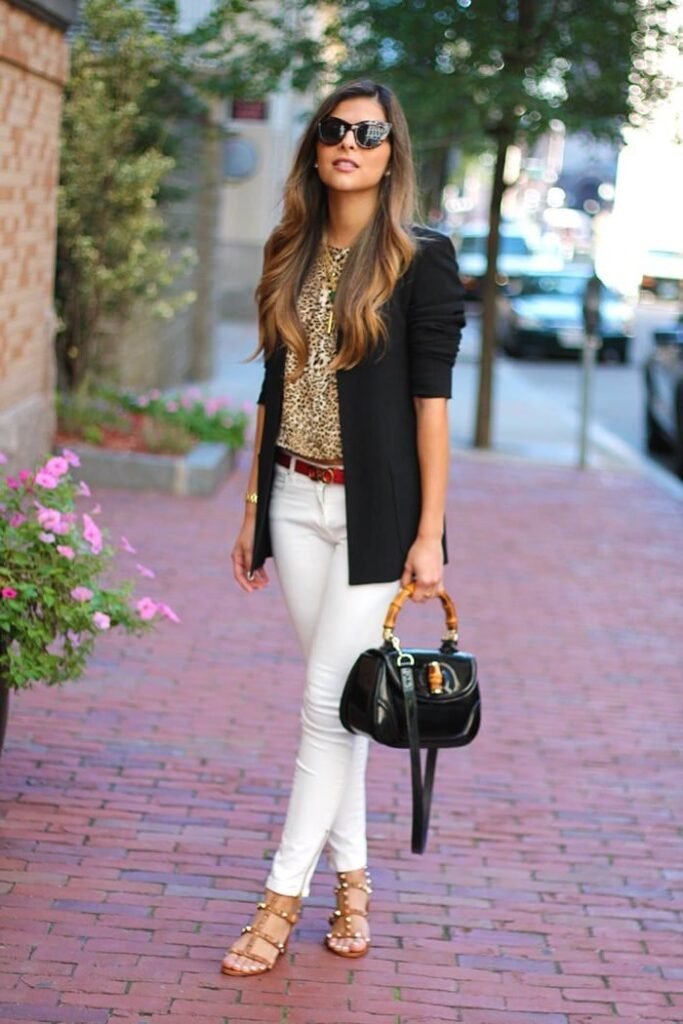 Black Blazer + Animal Print Top + White Jeans + Brown Sandals