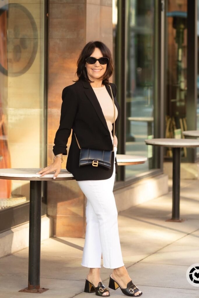 Black Blazer + Beige Top + White Trousers + Black Mules