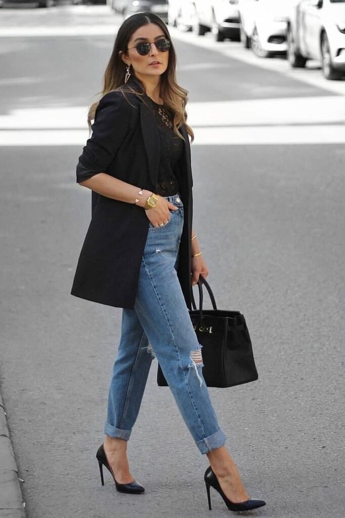 Black Blazer + Black Lace Top + Distressed Blue Jeans + Black Stiletto Heels