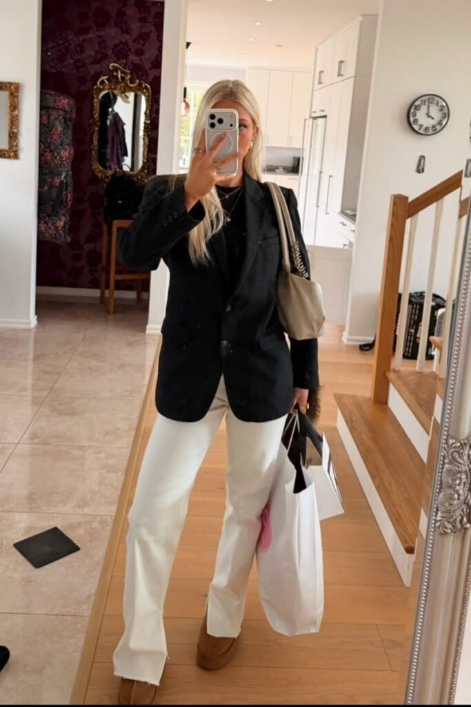 Black Blazer + Black Shirt + White Trousers + Brown Shoes