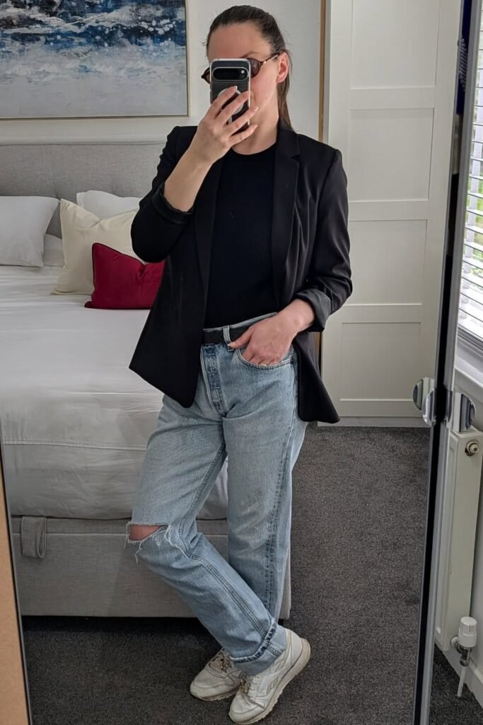 Black Blazer + Black T Shirt + Light Wash Distressed Jeans + White Sneakers