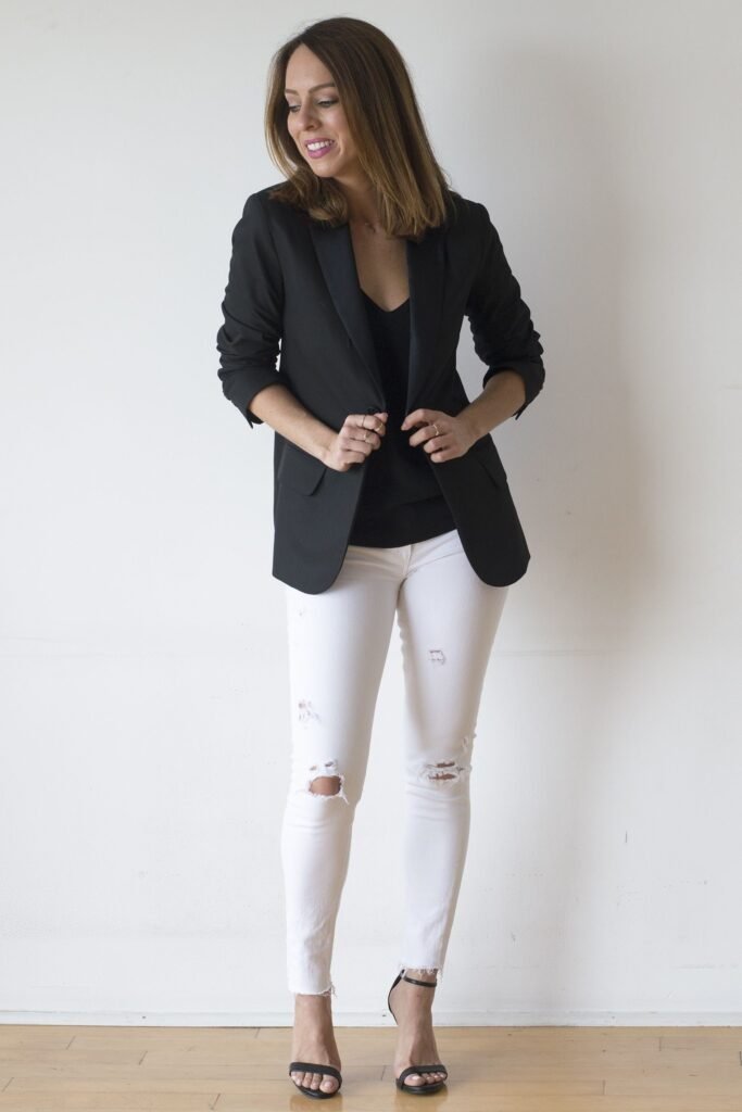 Black Blazer + Black Tank Top + Ripped White Jeans + Black Sandals
