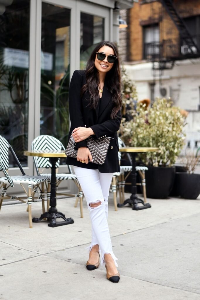 Black Blazer + Black Tank Top + Ripped White Jeans + Two Tone Heels