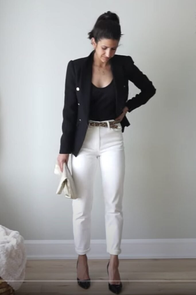 Black Blazer + Black Tank Top + White Jeans + Black Pumps