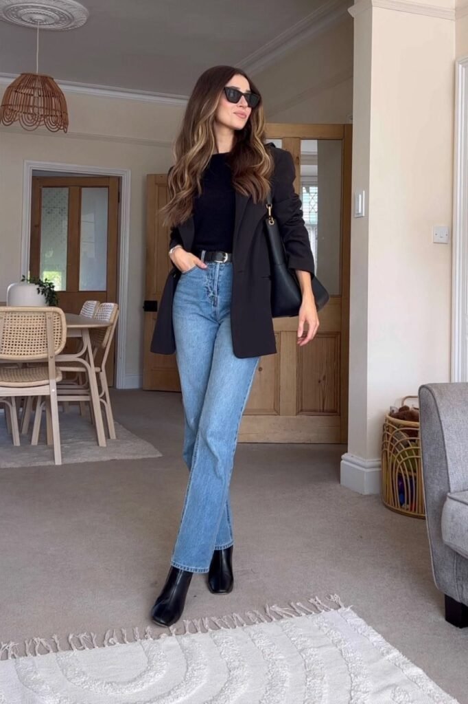 Black Blazer + Black Top + Blue Jeans + Black Ankle Boots