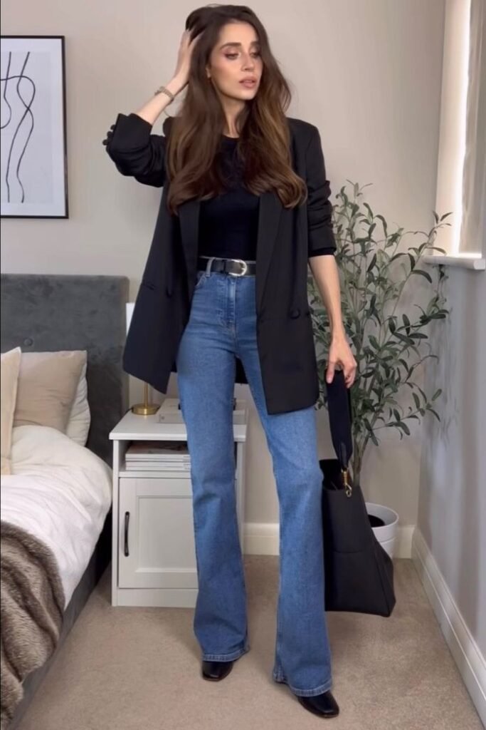 Black Blazer + Black Top + Blue Straight Leg Jeans + Black Ankle Boots