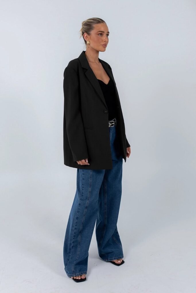 Black Blazer + Black Top + Dark Blue Wide Leg Jeans + Black Sandals