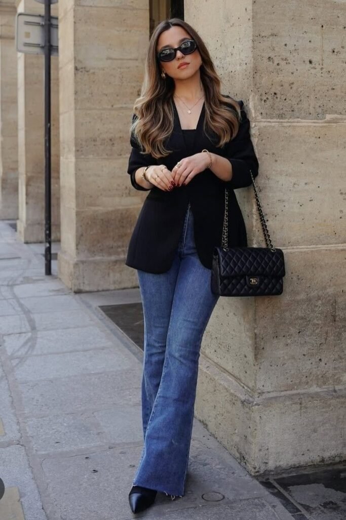 Black Blazer + Black Top + Flared Blue Jeans + Black Pointed Heels