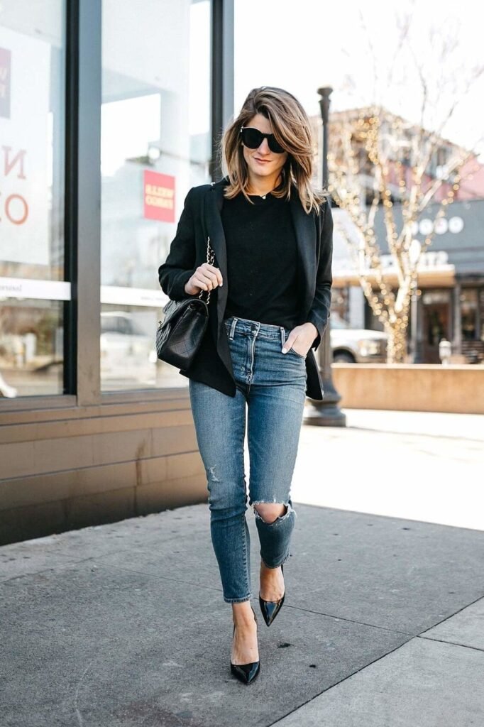 Black Blazer + Black Top + Ripped Blue Jeans + Black Pointed Heels