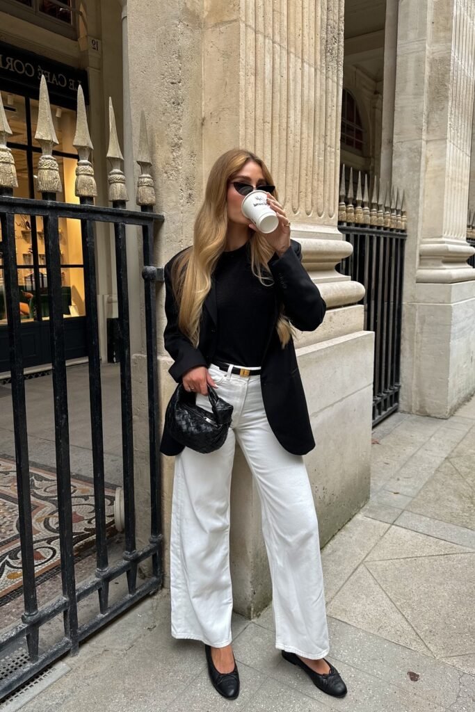 Black Blazer + Black Top + White Jeans + Black Ballet Flats