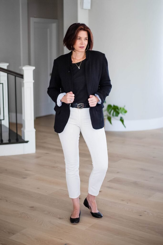 Black Blazer + Black Top + White Jeans + Black Flats