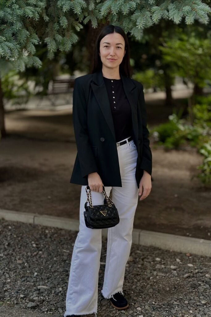 Black Blazer + Black Top + White Jeans + Black Loafers