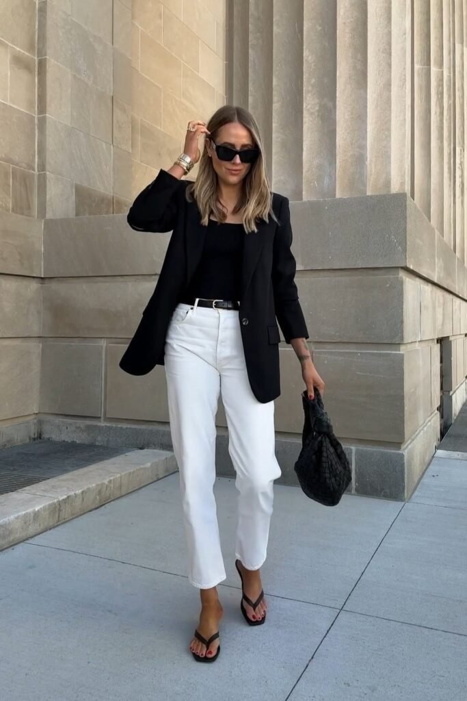 Black Blazer + Black Top + White Jeans + Black Sandals