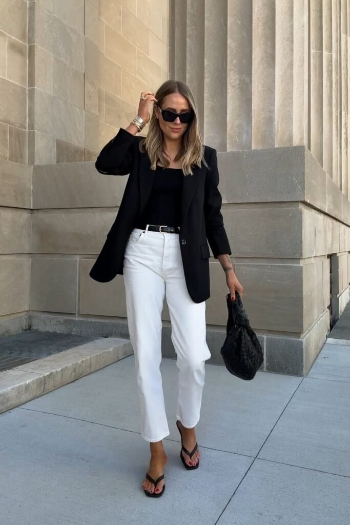 Black Blazer + Black Top + White Jeans + Black Sandals