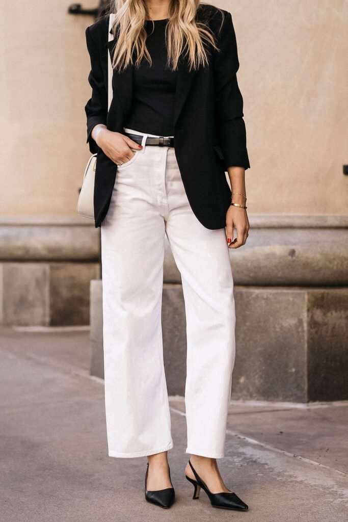 Black Blazer + Black Top + White Jeans + Black Slingback Heels