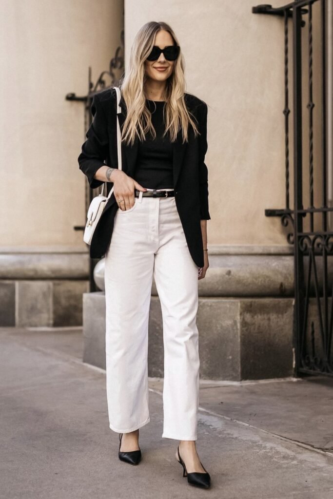 Black Blazer + Black Top + White Jeans + Black Slingback Heels