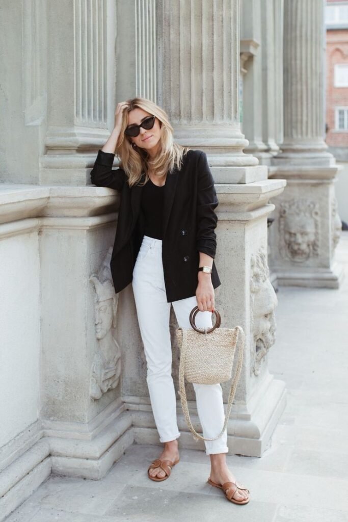 Black Blazer + Black Top + White Jeans + Brown Sandals