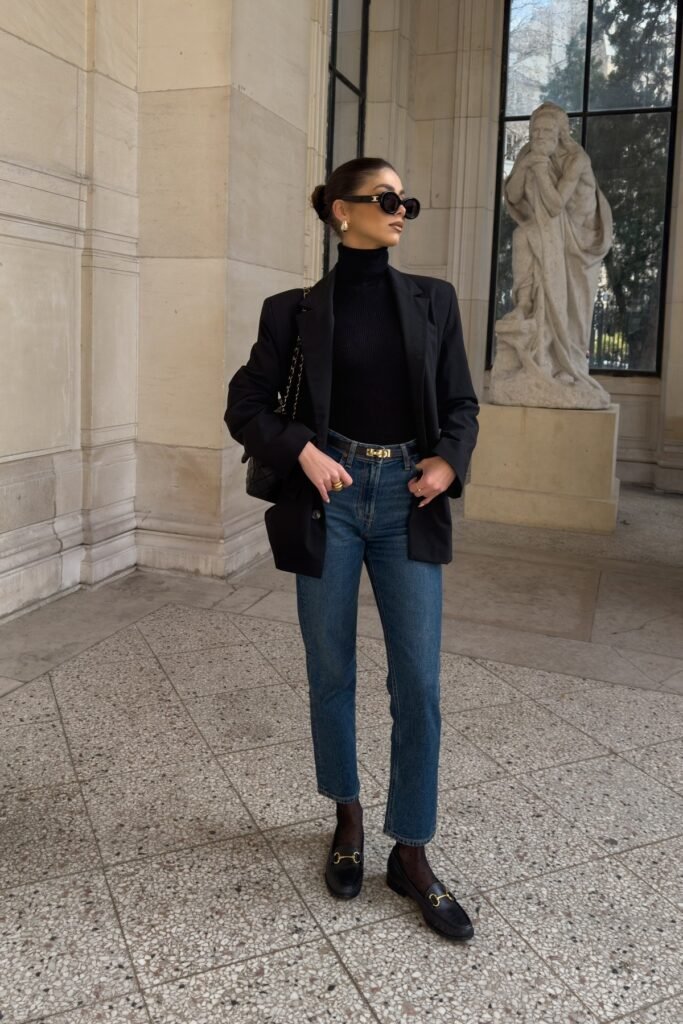 Black Blazer + Black Turtleneck + Blue Straight Leg Jeans