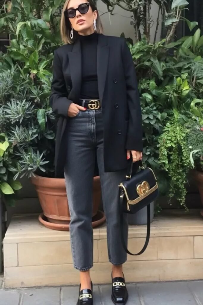 Black Blazer + Black Turtleneck + Grey Jeans + Black Loafers