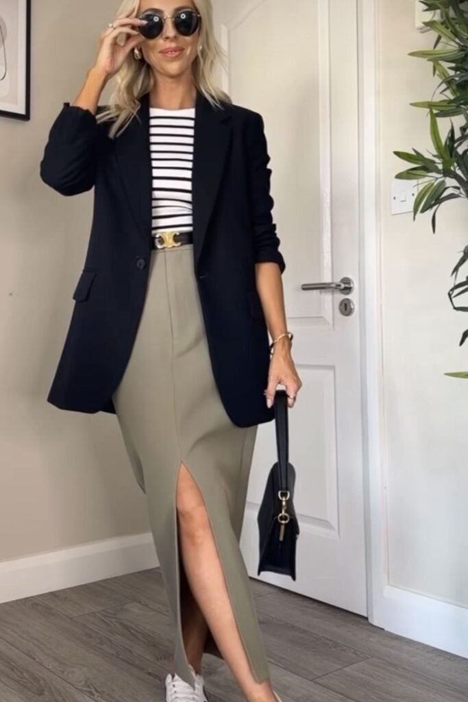 Black Blazer + Black and White Striped T Shirt + Sage Green Maxi Skirt with Slit + White Sneakers