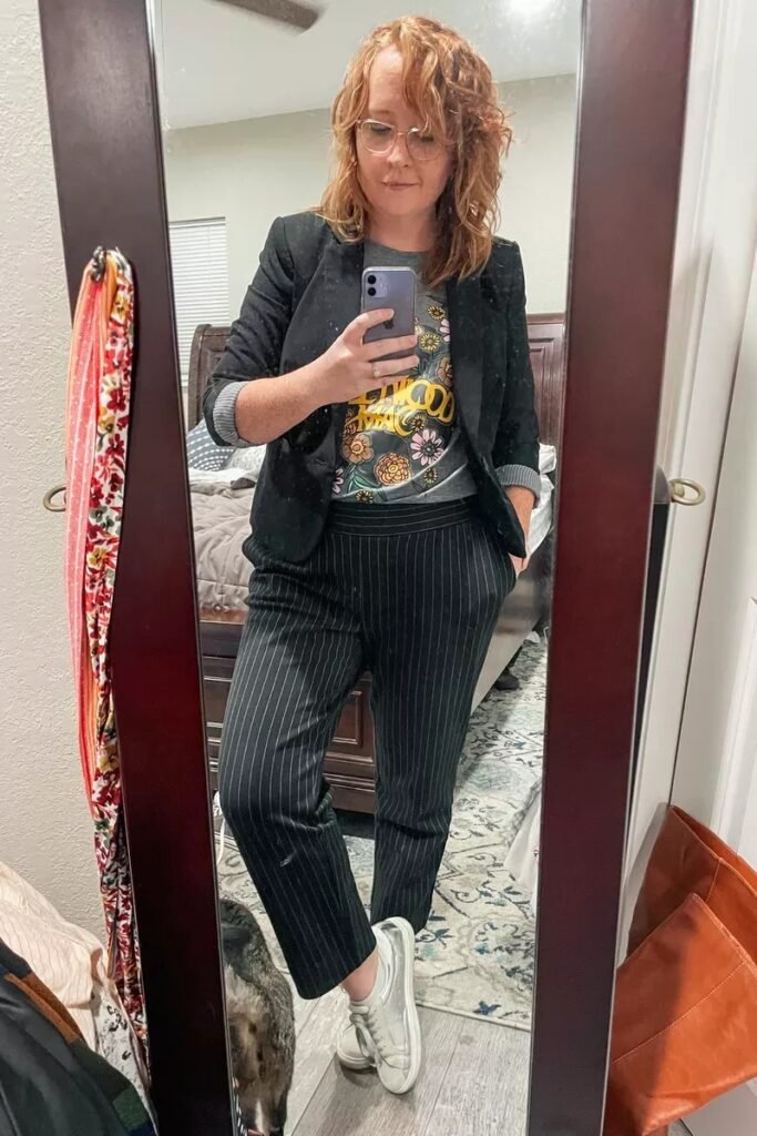 Black Blazer + Graphic Tee + Black Pinstripe Trousers