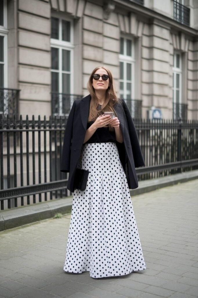 Black Blazer + High-Waisted Polka Dot Maxi Skirt + Black Sunglasses