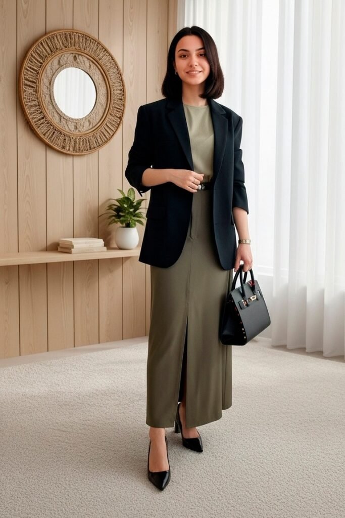 Black Blazer + Sage Green Top + Olive Green Maxi Skirt + Black Heels