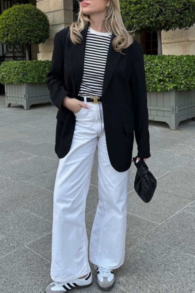 Black Blazer + Striped Long Sleeve Shirt + White Wide Leg Jeans + White Sneakers