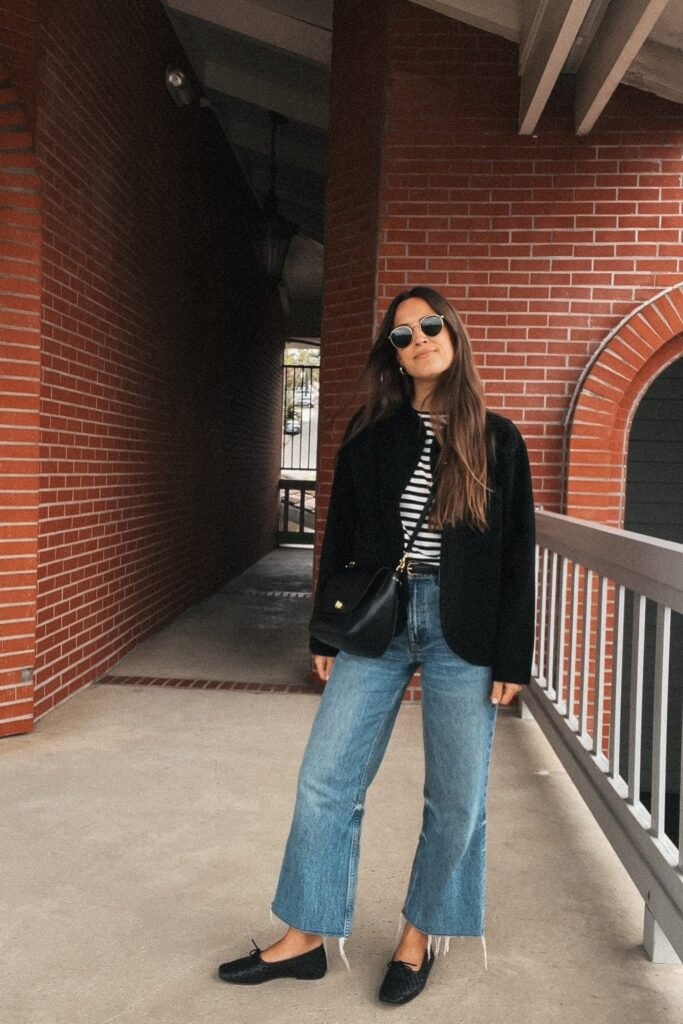 Black Blazer + Striped T Shirt + Blue Jeans + Black Ballet Flats