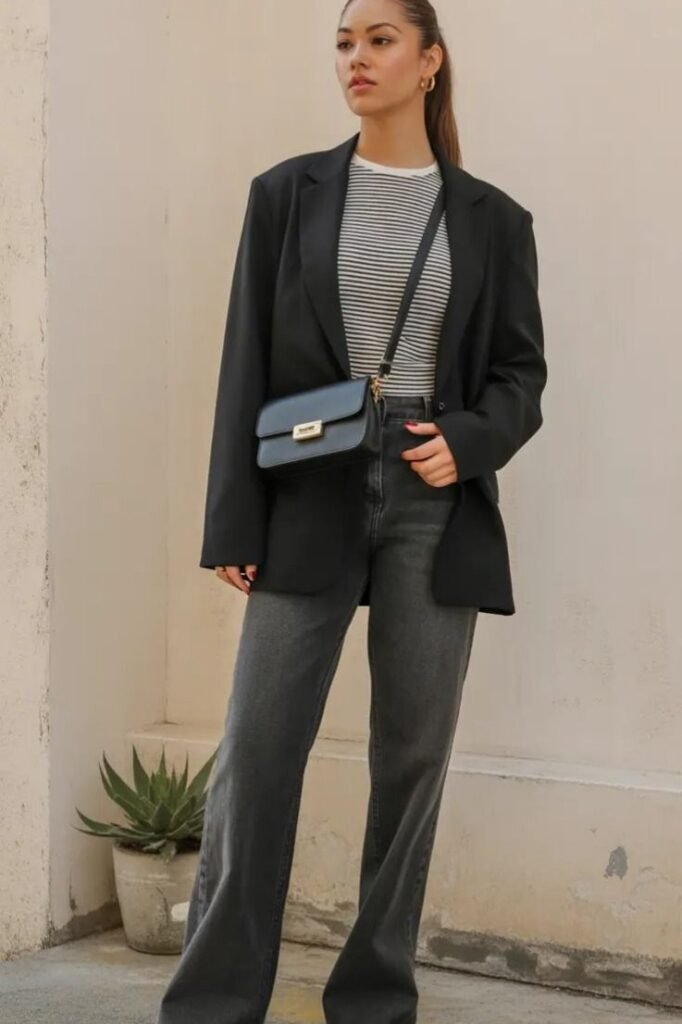 Black Blazer + Striped T Shirt + Dark Jeans + Shoulder Bag