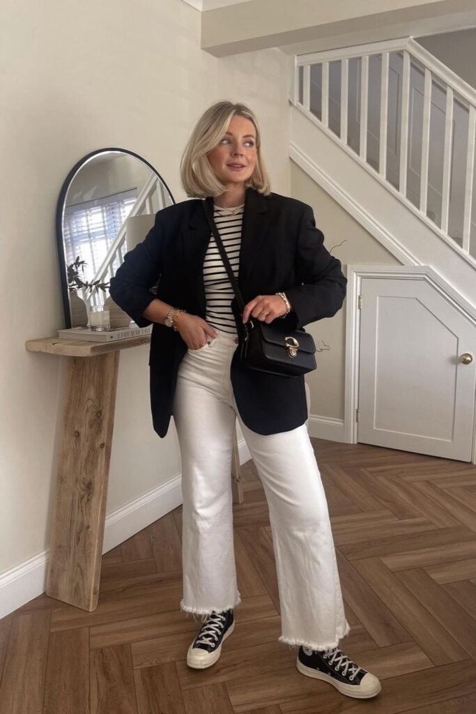 Black Blazer + Striped T Shirt + White Jeans + Black Sneakers