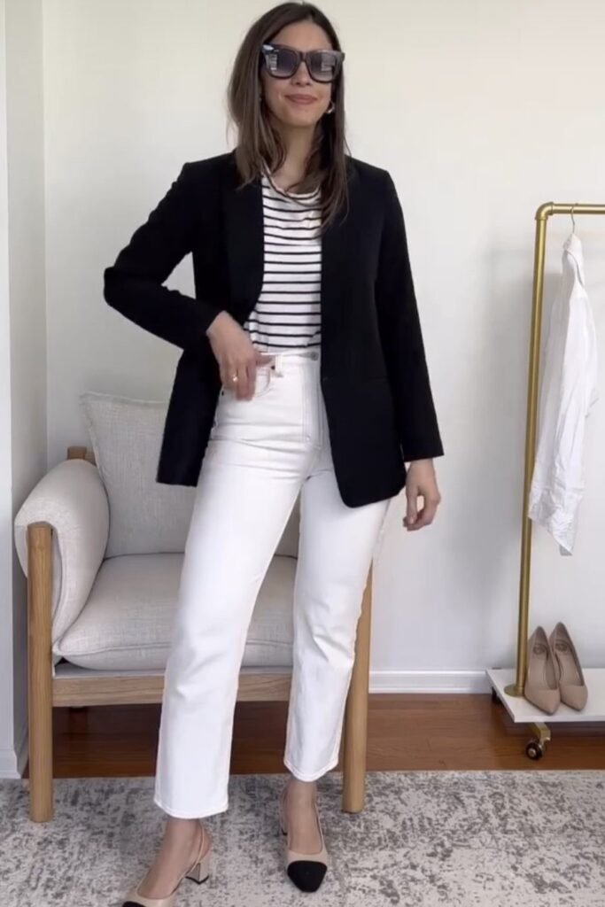 Black Blazer + Striped T Shirt + White Jeans + Two Tone Pumps