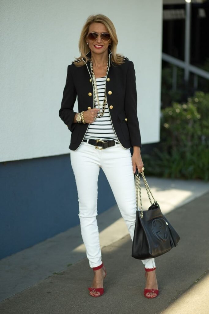 Black Blazer + Striped Top + White Jeans + Red Heels